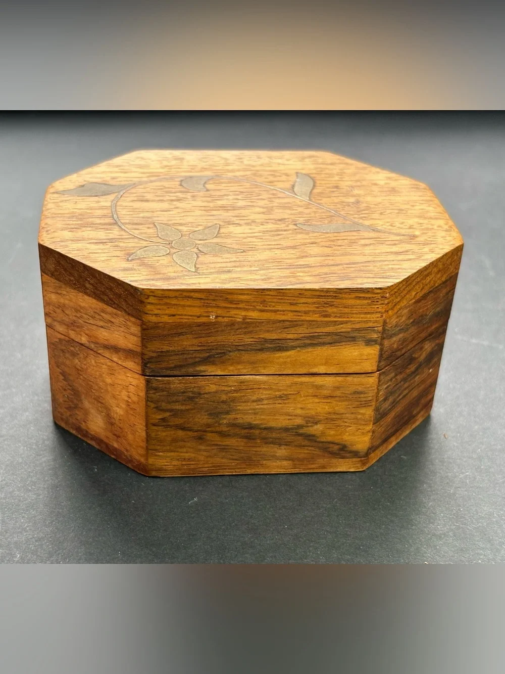 Octagonal Wood Jewelry Box with Inlaid Floral Detail